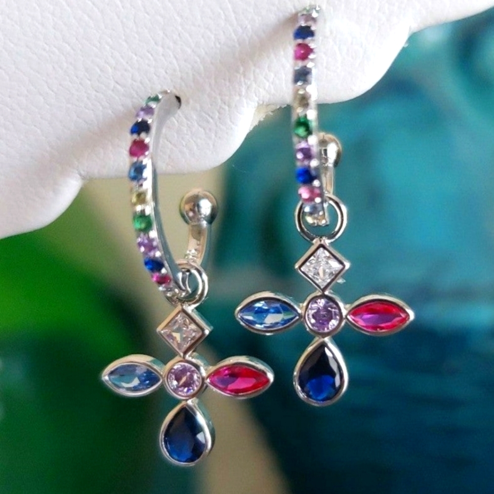 925 STERLING SILVER DIAMOND SAPPHIRE EMERALD AMETHYST TOPAZ RUBY CROSS HOOPS☆NEW